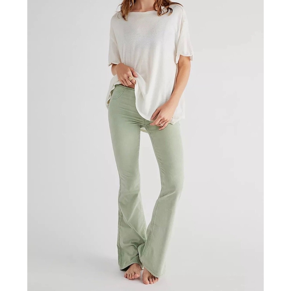 Free People We‎ The Free Flare Corduroy Pants Pull On Green Size 27 Bell Bottom